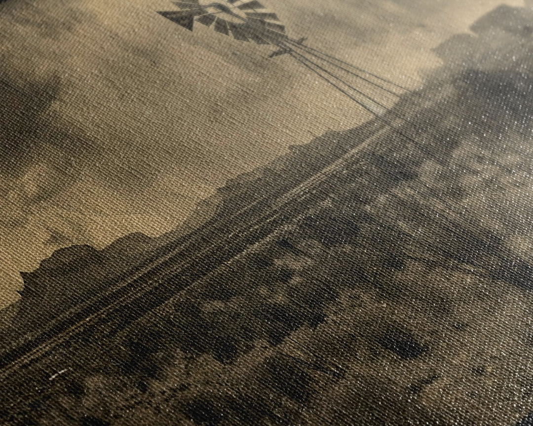 Rustic Windmill in Desert Landscape, Framed Canvas Print for Western Style Living Room, Perfect Bedroom Wall Art, Vintage Decor