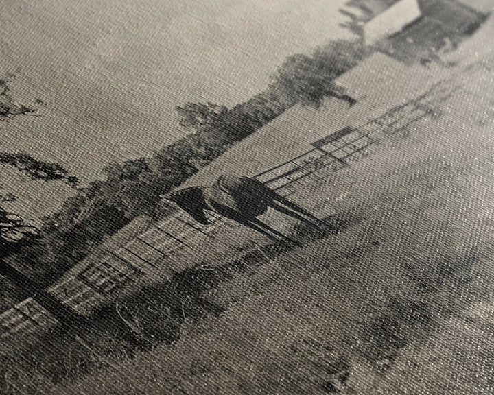 Horse Grazing in Pasture by Farmhouse, Antique Style Framed Canvas Print Country Living Room Decor, Rustic Farmhouse Wall Art, Nature Scene