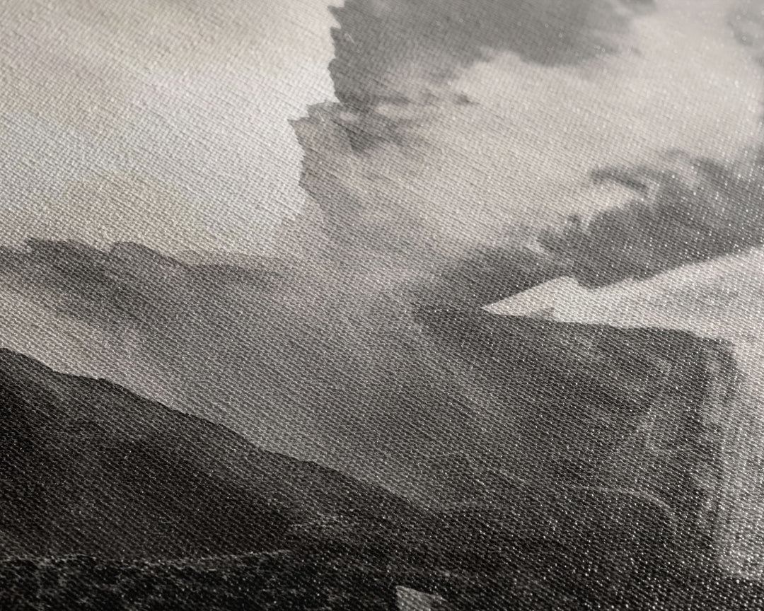 River Flowing through Mountain Valley, Black and White Framed Canvas Print for Farmhouse Bedroom Wall Art, Home Decoration, Scenic Nature