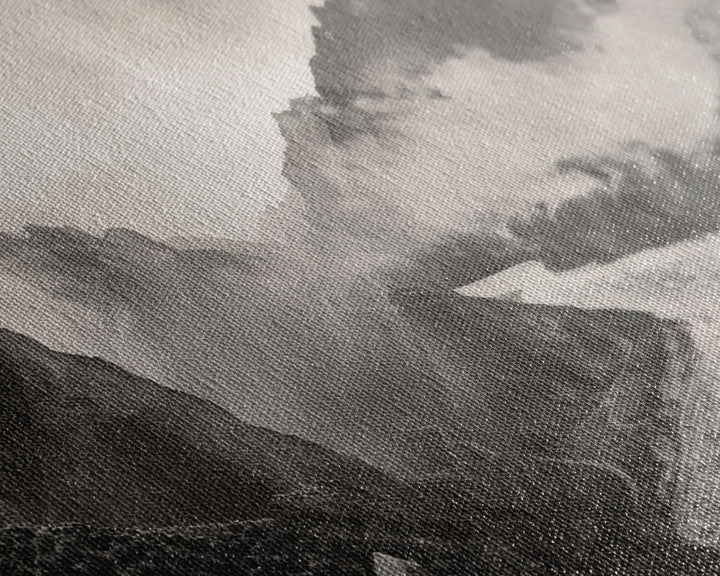 River Flowing through Mountain Valley, Black and White Framed Canvas Print for Farmhouse Bedroom Wall Art, Home Decoration, Scenic Nature