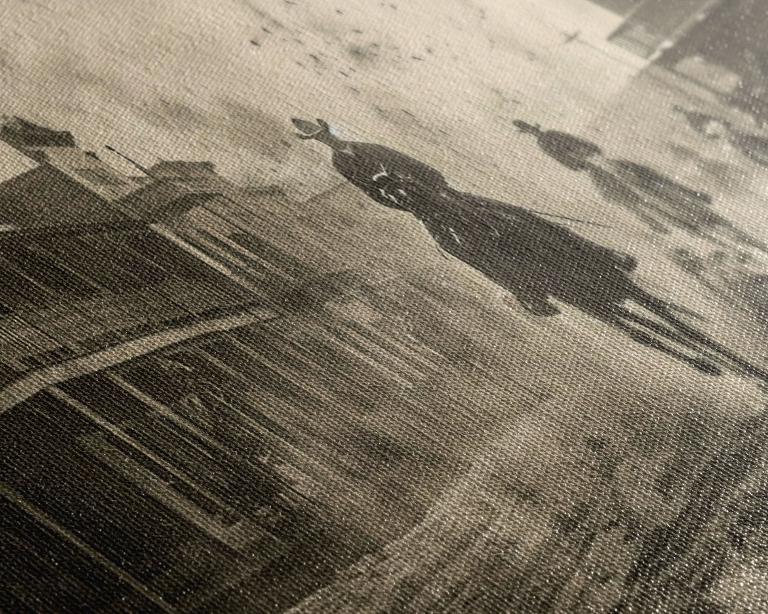 Cowboys Riding into Town, Vintage Framed Canvas Print Farmhouse Living Room Wall Art, Rustic Home Decor, Western Scene, Historical Art Piece