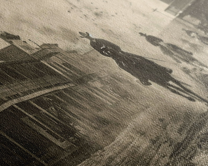 Cowboys Riding into Town, Vintage Framed Canvas Print Farmhouse Living Room Wall Art, Rustic Home Decor, Western Scene, Historical Art Piece