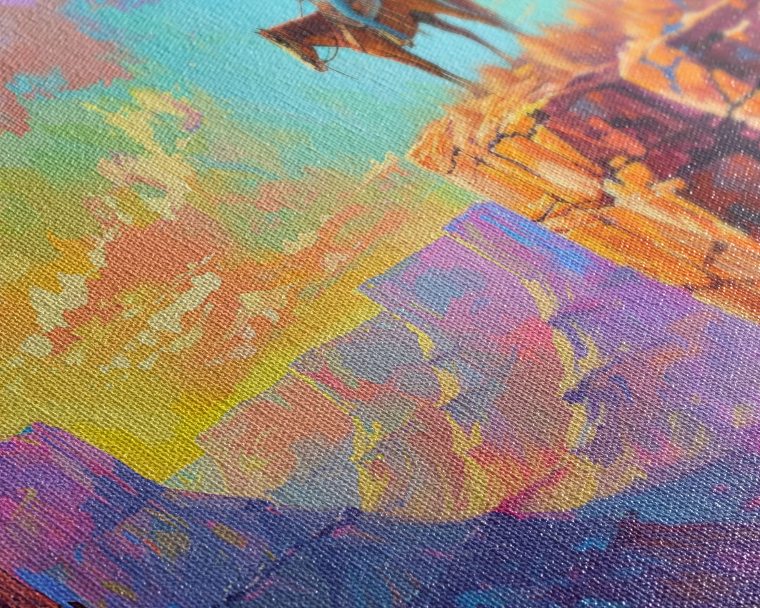 Cowboy on Horse Overlooking Canyon Sunset, Farmhouse Style Framed Canvas Print for Living Room Wall Art, Vibrant Home Decor, Western Scene