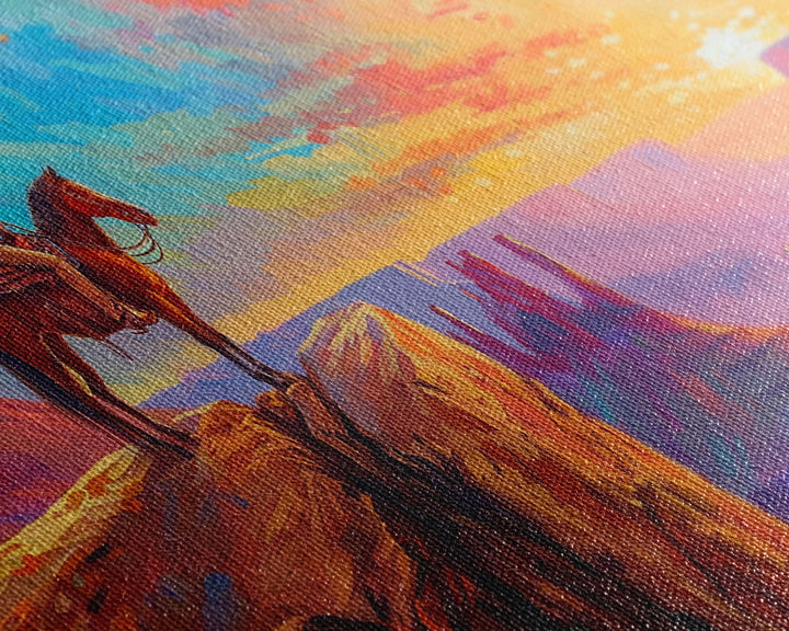 Cowboy and Horse with Canyon View, Farmhouse Style Framed Canvas Print for Bedroom Wall Art, Vibrant Home Decor, Western Scenic Art