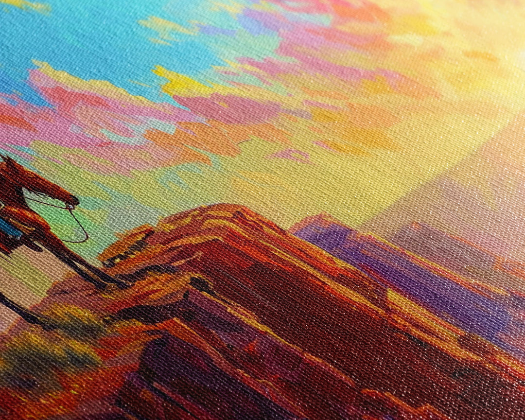 Cowboy on Horse Under Vibrant Sky, Farmhouse Style Framed Canvas Print for Bedroom Wall Art, Rustic Home Decor, Western Scenic Art