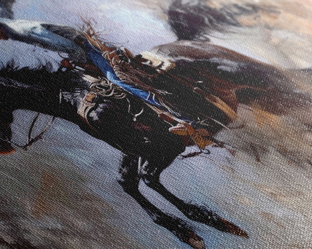 Colorful Cowboy Riding Horse in Dust, Farmhouse Style Framed Canvas Print for Living Room Wall Art, Vibrant Home Decor, Western Action Art