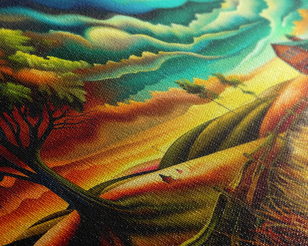 Vivid Abstract Farm Landscape with Dramatic Sky, Perfect Wall Art, Framed Canvas Print for Living Room or Bedroom Decor, Colorful Nature Art