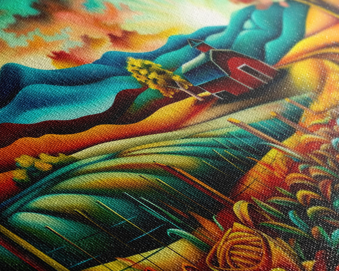 Colorful Farm Scene with Sunrise Over Mountains, Perfect Wall Art, Framed Canvas Print for Living Room or Bedroom Decor, Vibrant Nature Art