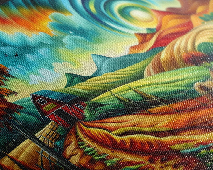 Colorful Abstract Farm Landscape with Rolling Hills, Perfect Wall Art, Framed Canvas Print Living Room or Bedroom Decor, Vibrant Nature Art