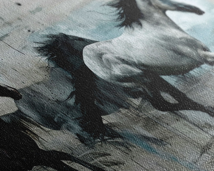 Black and White Horses Running in Abstract Landscape, Ideal Wall Art, Framed Canvas Print for Living Room or Bedroom Decor, Colorful Art