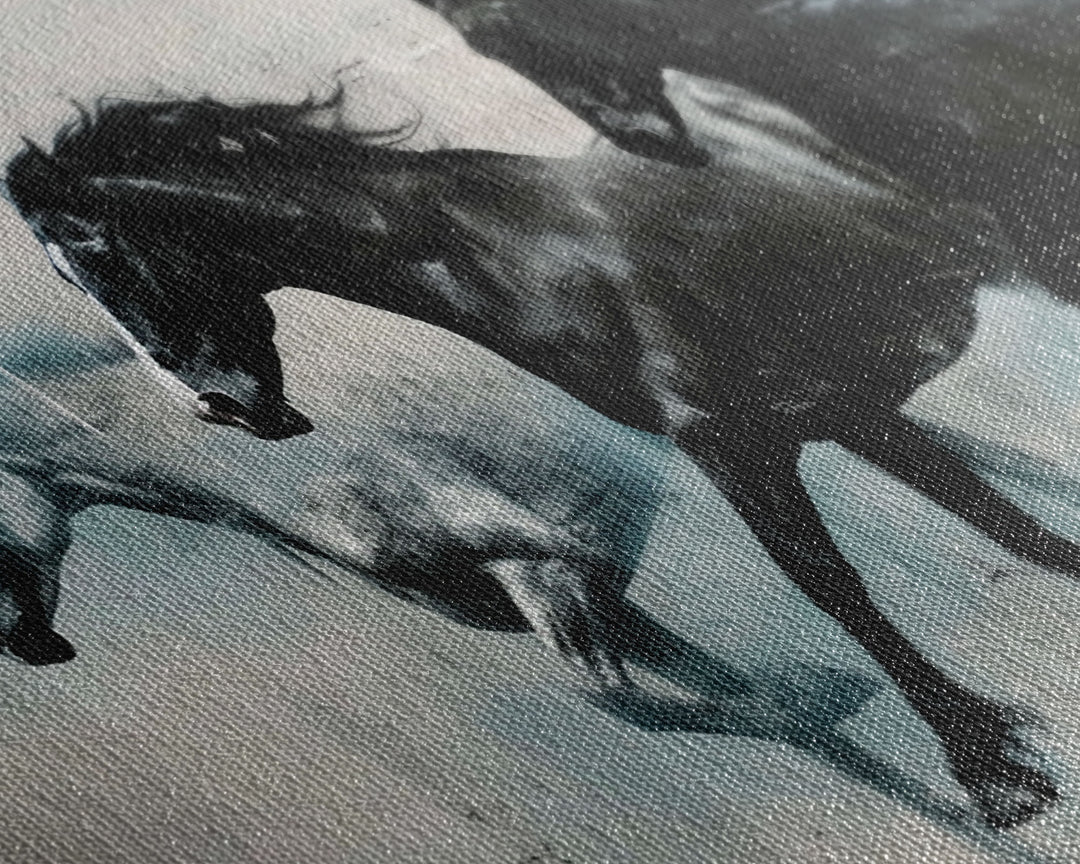 Galloping Horses in Monochrome Abstract Landscape, Perfect Wall Art, Framed Canvas Print for Living Room or Bedroom Decor, Equestrian Art