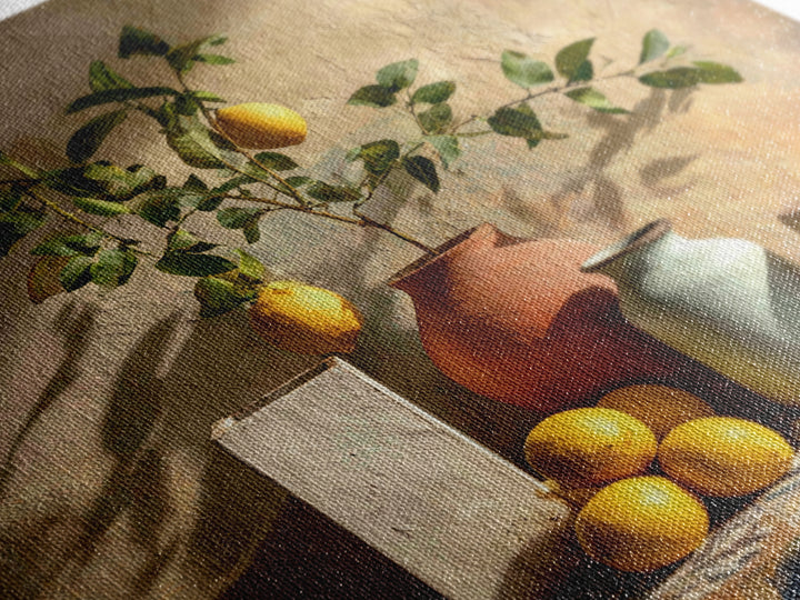 Mediterranean Lemon Branch Still Life Framed Canvas Print, Wall Art, Prints Wall Art, Living Room Decor, Oil Painting, WAL-1x1-46