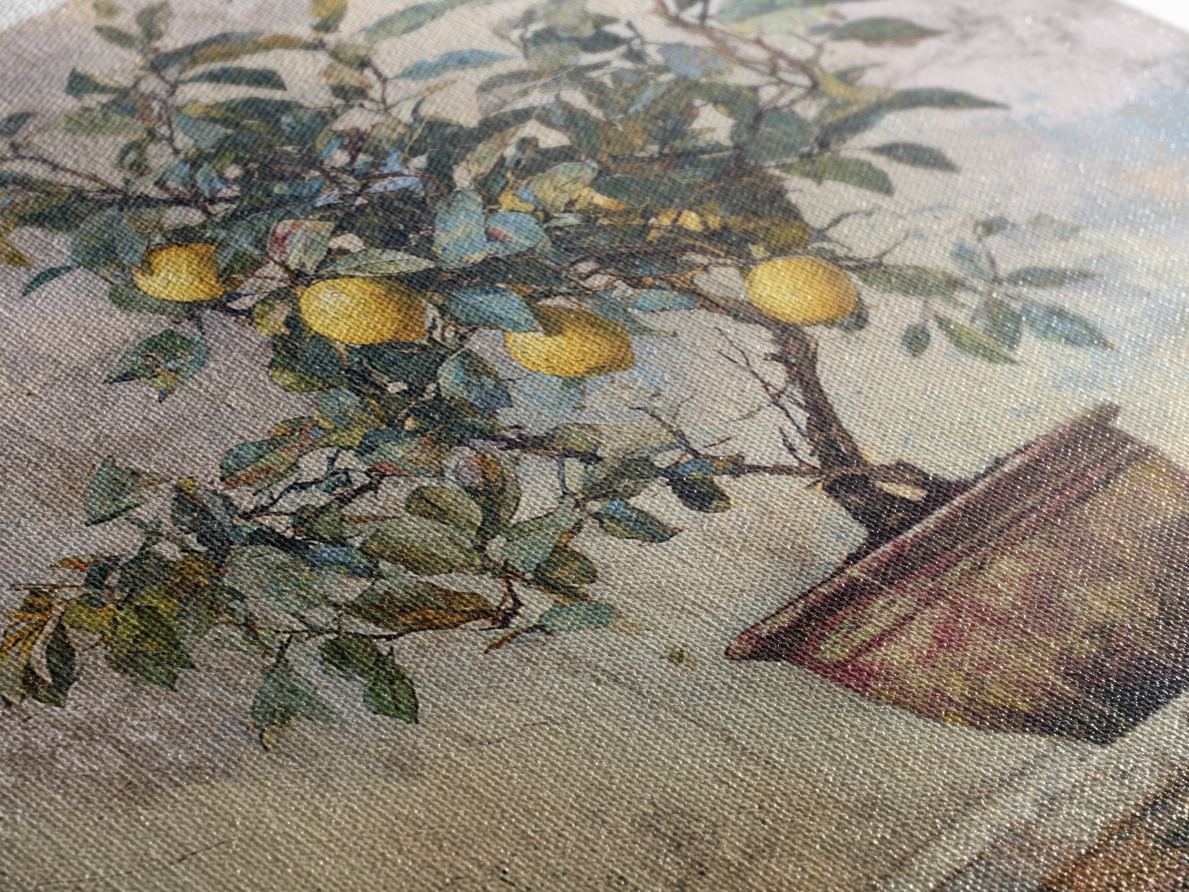 Mediterranean Lemon Branch Still Life Framed Canvas Print, Wall Art, Prints Wall Art, Living Room Decor, Oil Painting, WAL-1x1-70