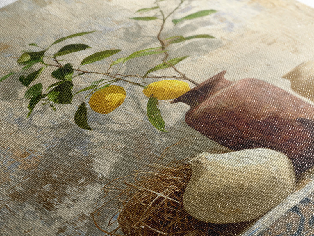 Mediterranean Lemon Branch Still Life Framed Canvas Print, Wall Art, Canvas, Living Room Decor, Watercolor Art, WAL-2x3-78