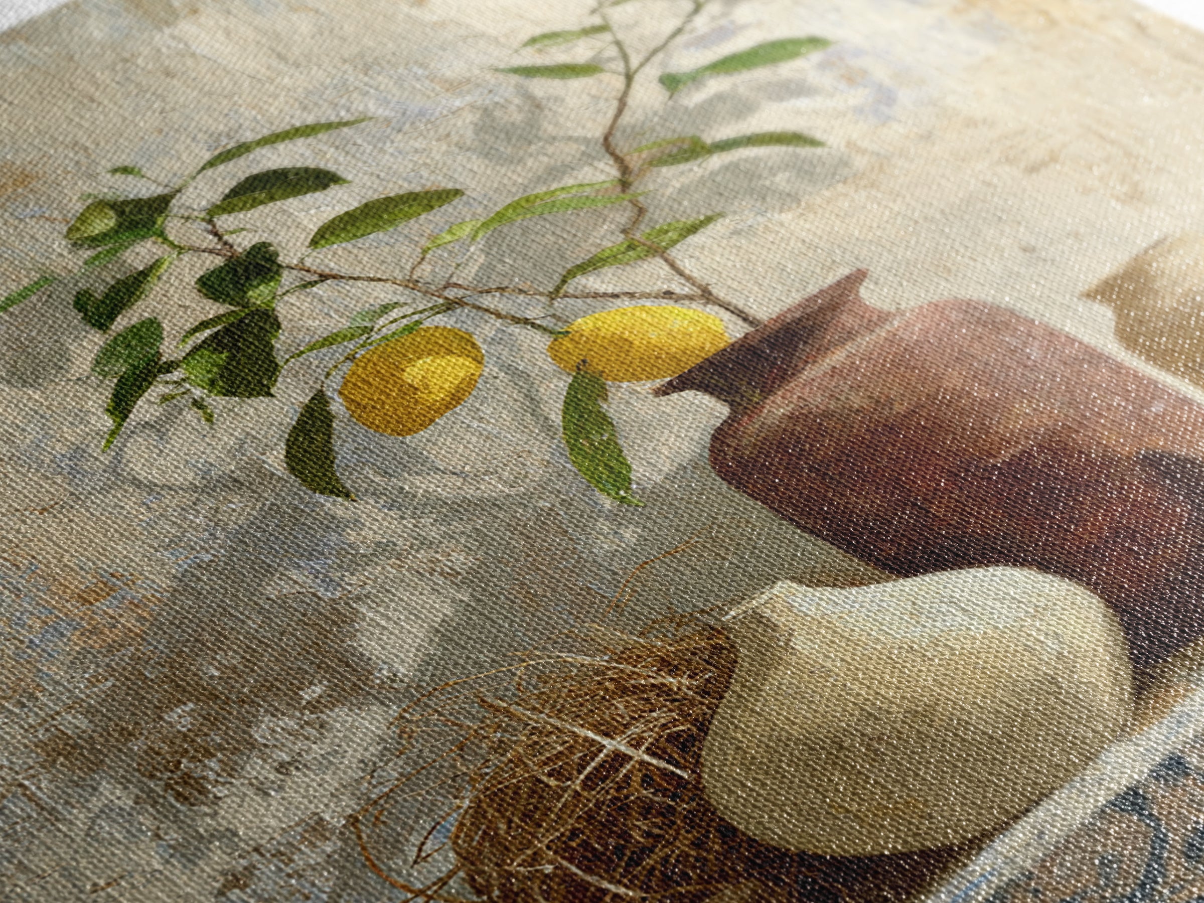 Mediterranean Lemon Branch Still Life Framed Canvas Print, Wall Art, Canvas, Living Room Decor, Watercolor Art, WAL-2x3-78
