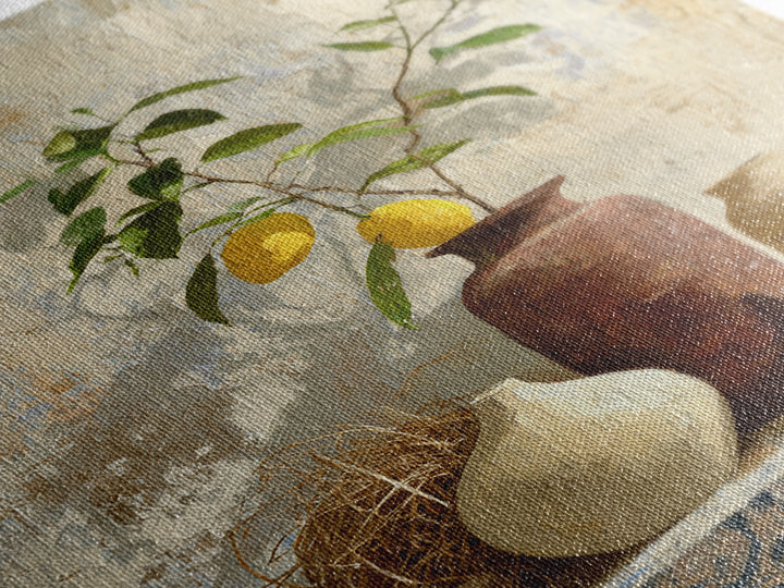 Mediterranean Lemon Branch Still Life Framed Canvas Print, Wall Art, Canvas, Living Room Decor, Watercolor Art, WAL-2x3-78