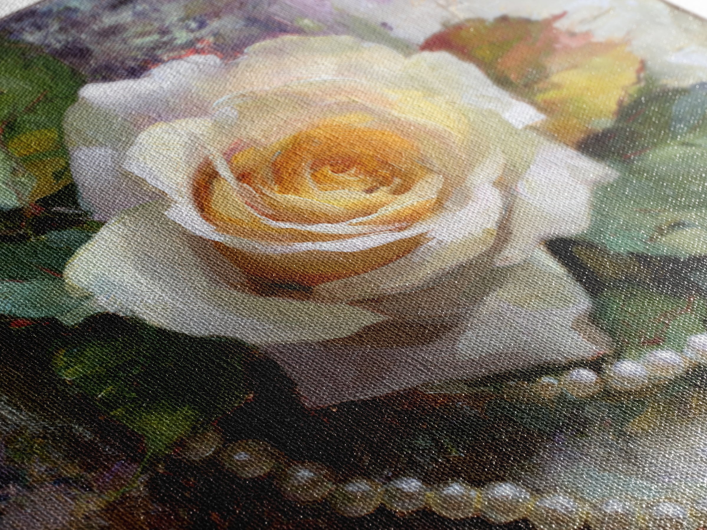 Pearl Necklace and Rose Still Life Canvas Print, Wedding Art, Framed Art, Living Room Decor, Watercolor Art, Romance, WED-1x1-36