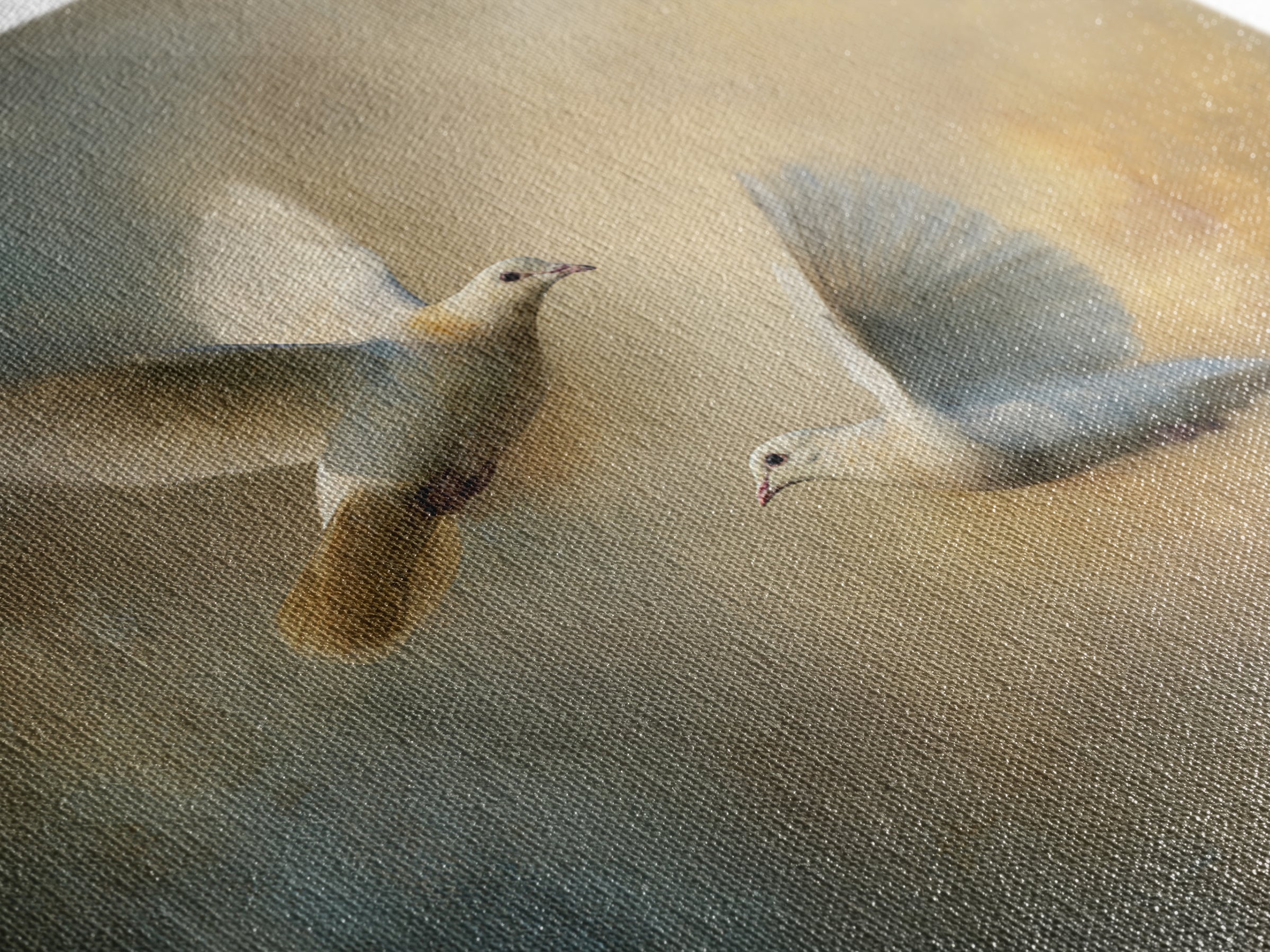 Doves Flying Through Soft Golden Light Canvas Print, Wedding Art, Wedding Painting, Living Room Decor, Fine Art, Romance, WED-1x1-59