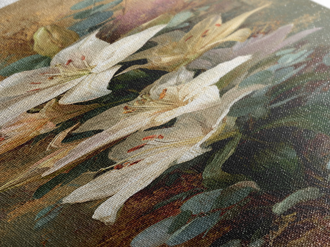White Lilies and Eucalyptus Arrangement Framed Canvas Print, Wedding Art, Wedding Stationery, Living Room Decor, Oil Painting, WED-1x3-69
