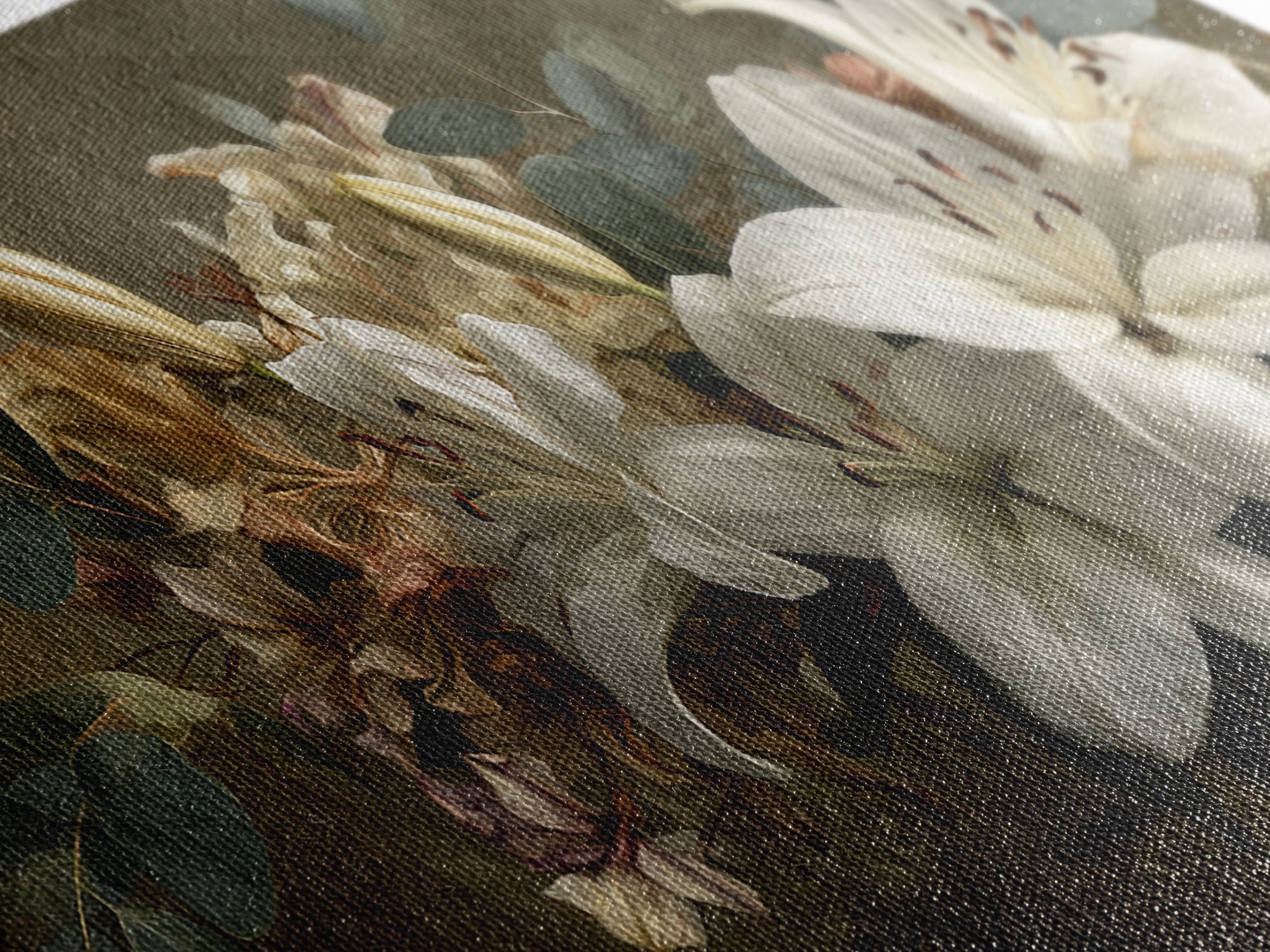 White Lilies and Eucalyptus Arrangement Canvas Print, Wedding Art, Wedding, Living Room Decor, Oil Painting, Romance, WED-2x1-77