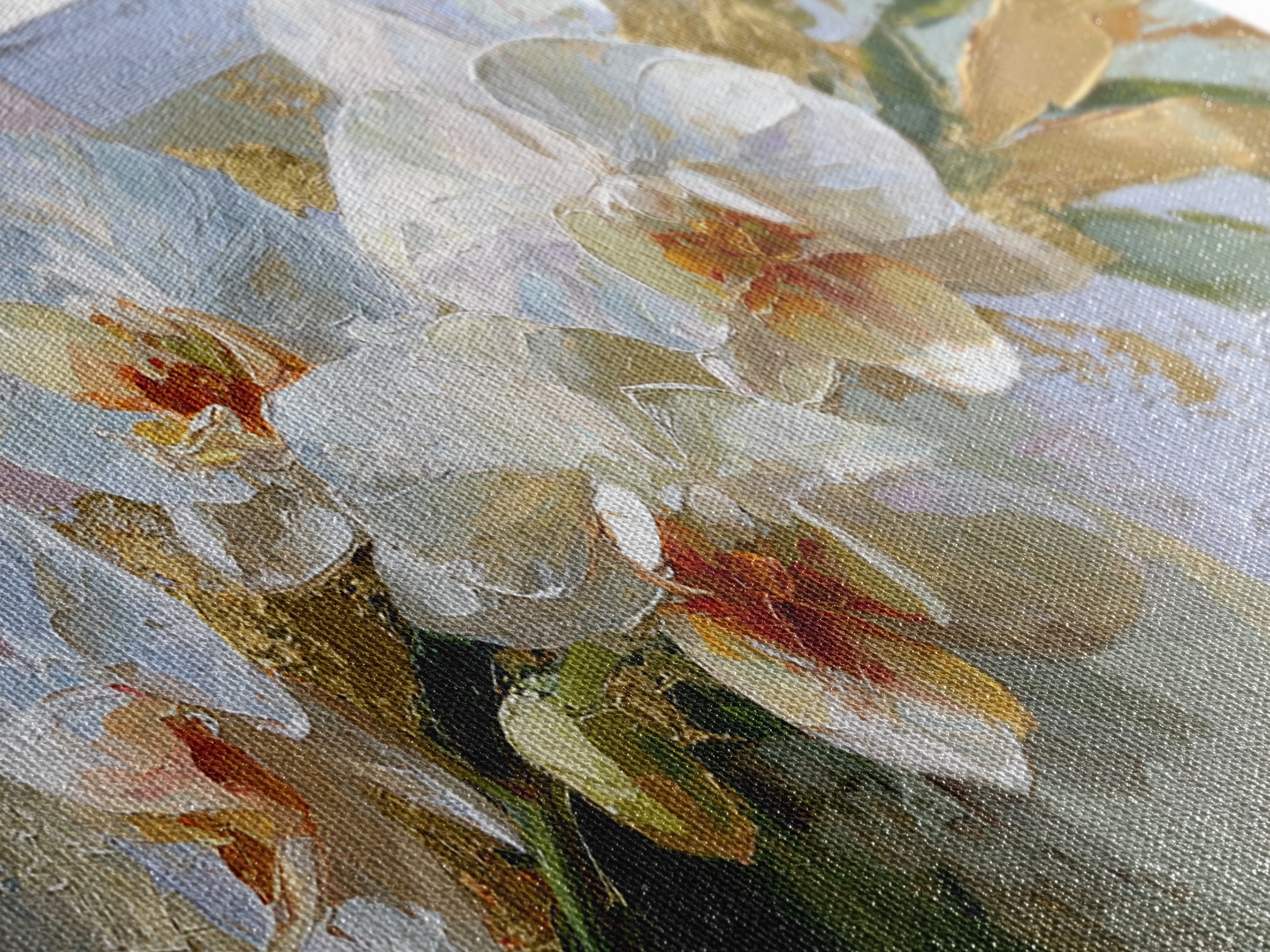 White Orchid and Gold Ribbon Composition Framed Canvas Print, Wedding Art, Custom Wedding Gift, Living Room Decor, Oil Painting, WED-2x1-92