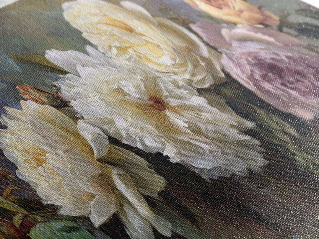 Romantic Bouquet of White Roses and Peonies Canvas Print, Wedding Art, Art Print, Living Room Decor, Fine Art, Romance, WED-2x1-93