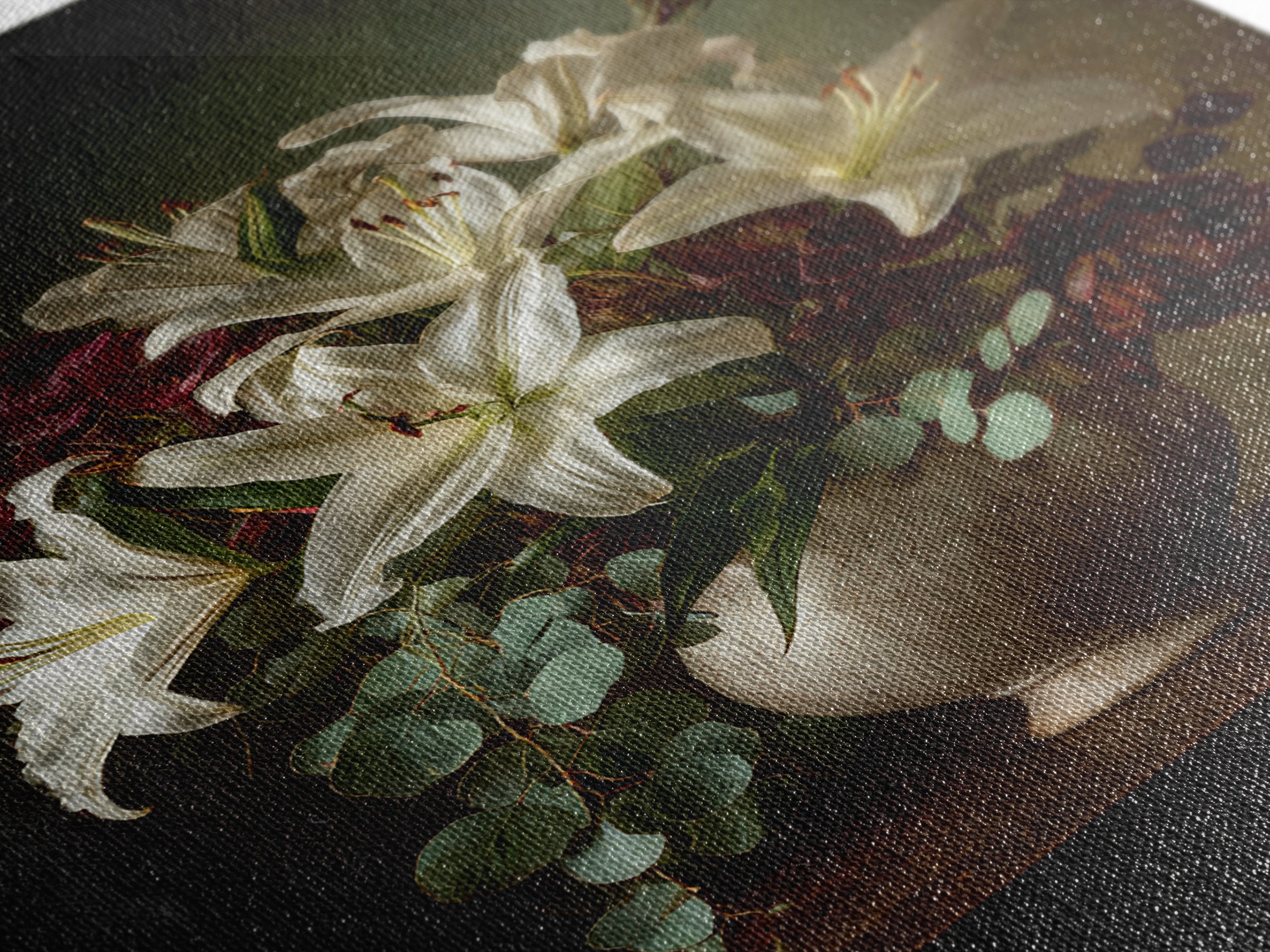 White Lilies and Eucalyptus Arrangement Framed Canvas Print, Wedding Art, Living Room Decor, Abstract Art, Romance, WED-2x3-17