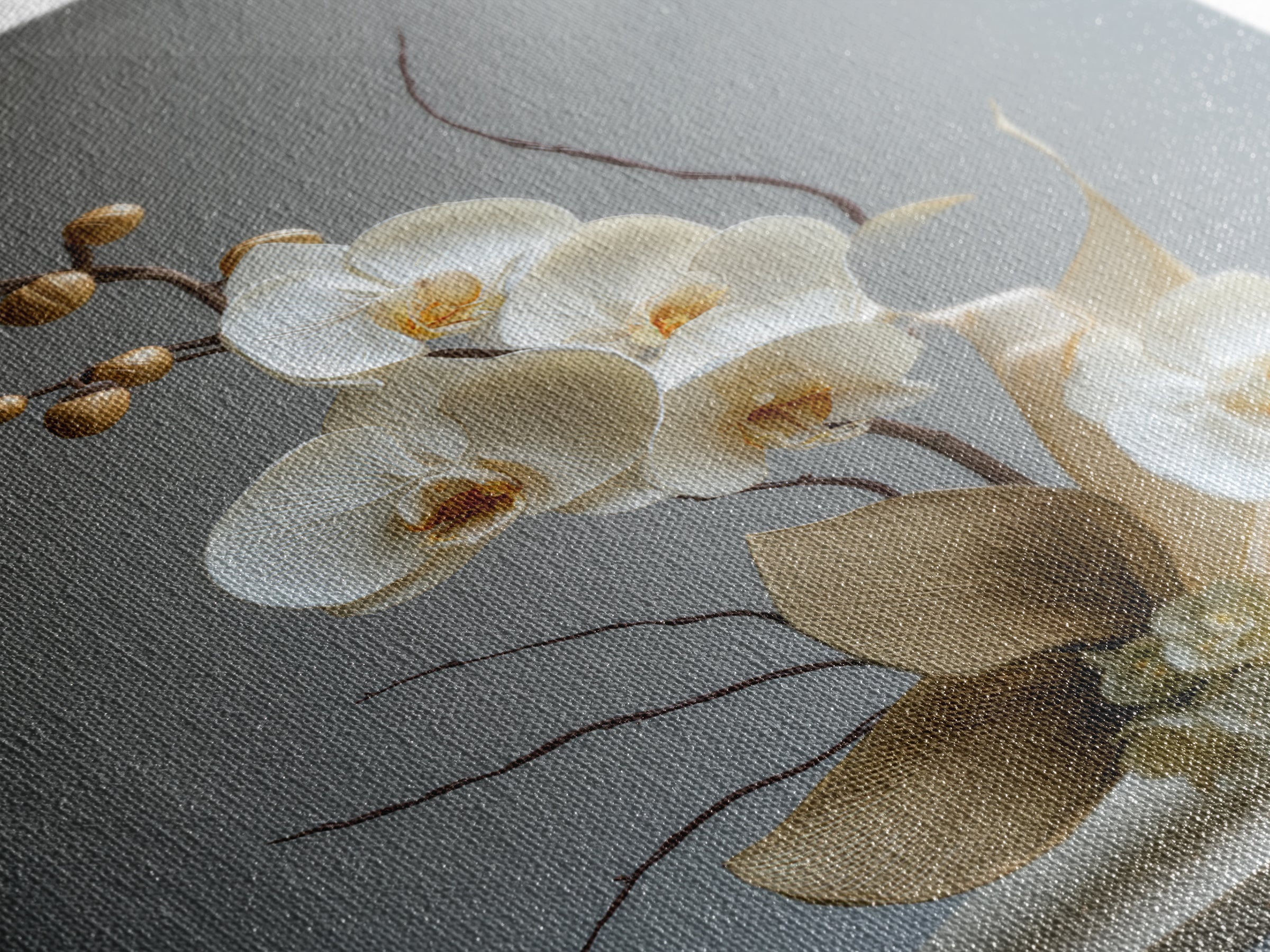 White Orchid and Gold Ribbon Composition Framed Canvas Print, Wedding Art, Custom Art, Living Room Decor, Oil Painting, Romance, WED-2x3-8
