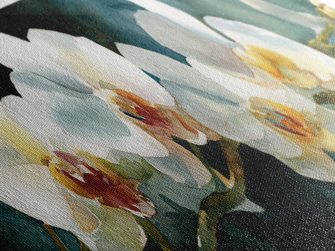 White Orchid and Gold Ribbon Composition Canvas Print, Wedding Art, Textured Painting, Living Room Decor, Oil Painting, Romance, WED-3x1-88