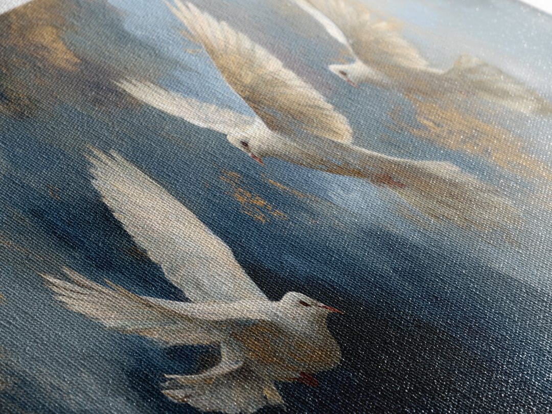 Doves Flying Through Soft Golden Light Framed Canvas Print, Wedding Art, Gallery Decor, Living Room Decor, Fine Art, Romance, WED-3x1-99