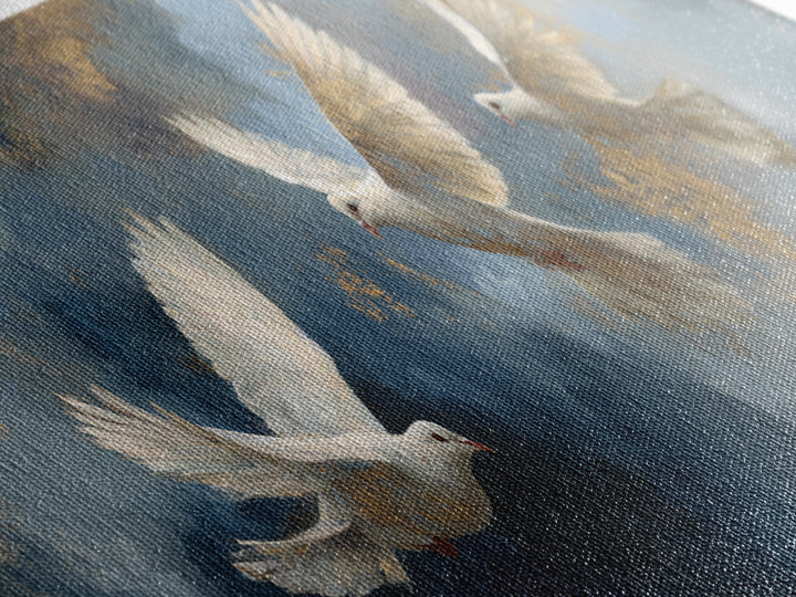 Doves Flying Through Soft Golden Light Framed Canvas Print, Wedding Art, Gallery Decor, Living Room Decor, Fine Art, Romance, WED-3x1-99