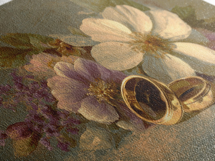 Gold Rings Resting on Velvet and Flowers Framed Canvas Print, Wedding Art, Wedding Guestbook, Living Room Decor, Romance, WED-3x2-31