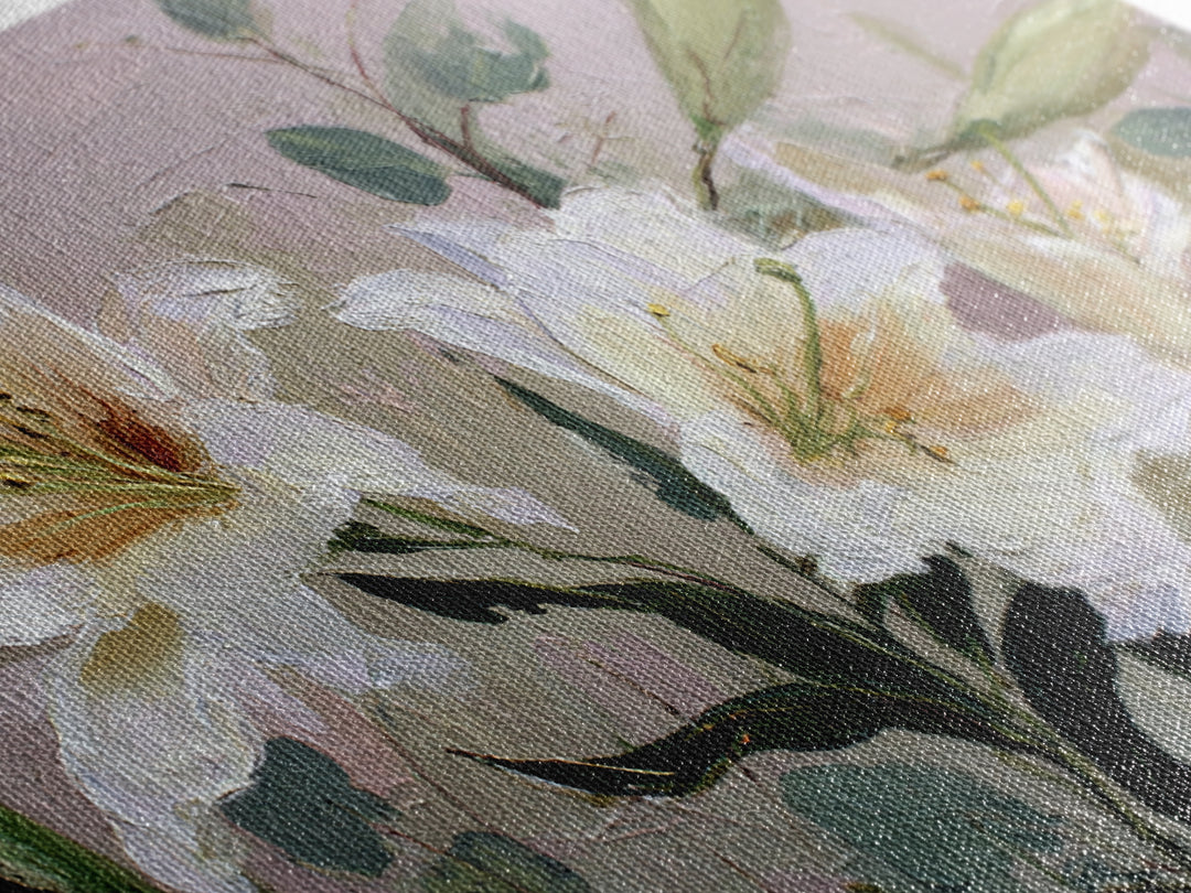 White Lilies and Eucalyptus Arrangement Canvas Print, Wedding Art, Wedding Guestbook, Living Room Decor, Oil Painting, Romance, WED-3x2-37