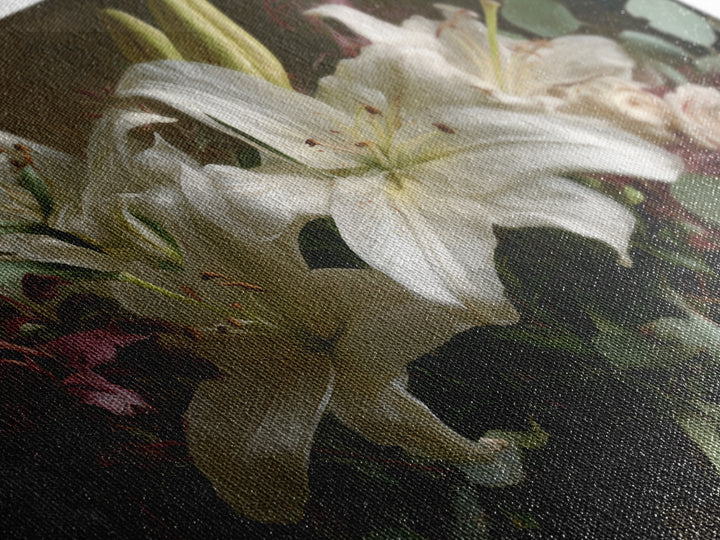 White Lilies and Eucalyptus Arrangement Canvas Print, Wedding Art, Wedding Guestbook, Living Room Decor, Oil Painting, Romance, WED-3x2-61