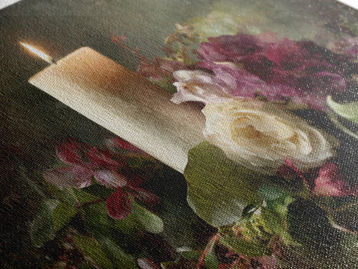 Romantic Candle and Floral Still Life Canvas Print, Wedding Art, Jewish Art, Living Room Decor, Oil Painting, Romance, WED-3x2-98