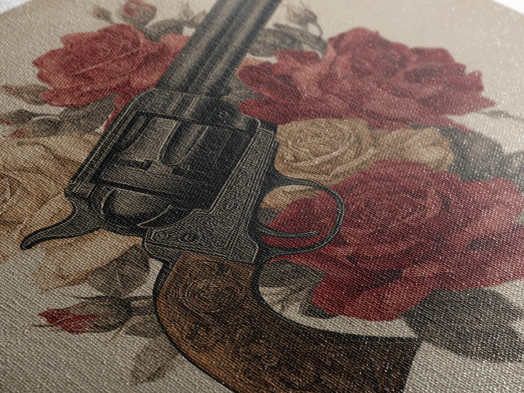 Old Revolver and Roses Canvas Print, Western Art, Landscape Painting, Southwestern Decor, Watercolor Art, Frontier, WES-1x1-19