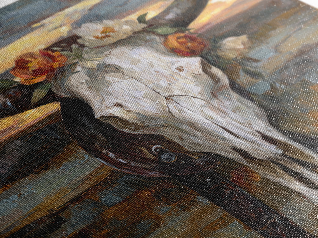 Longhorn Skull with Desert Flowers Framed Canvas Print, Western Art, Cowboy Art, Southwestern Decor, Oil Painting, Frontier, WES-1x1-27