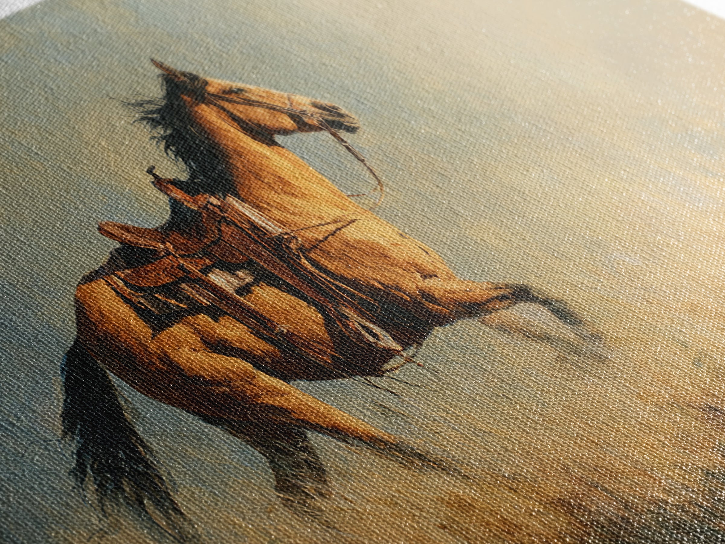 Buckskin Horse in Golden Prairie Light Framed Canvas Print, Western Art, Room Decor, Southwestern Decor, Fine Art, Frontier, WES-2x1-75