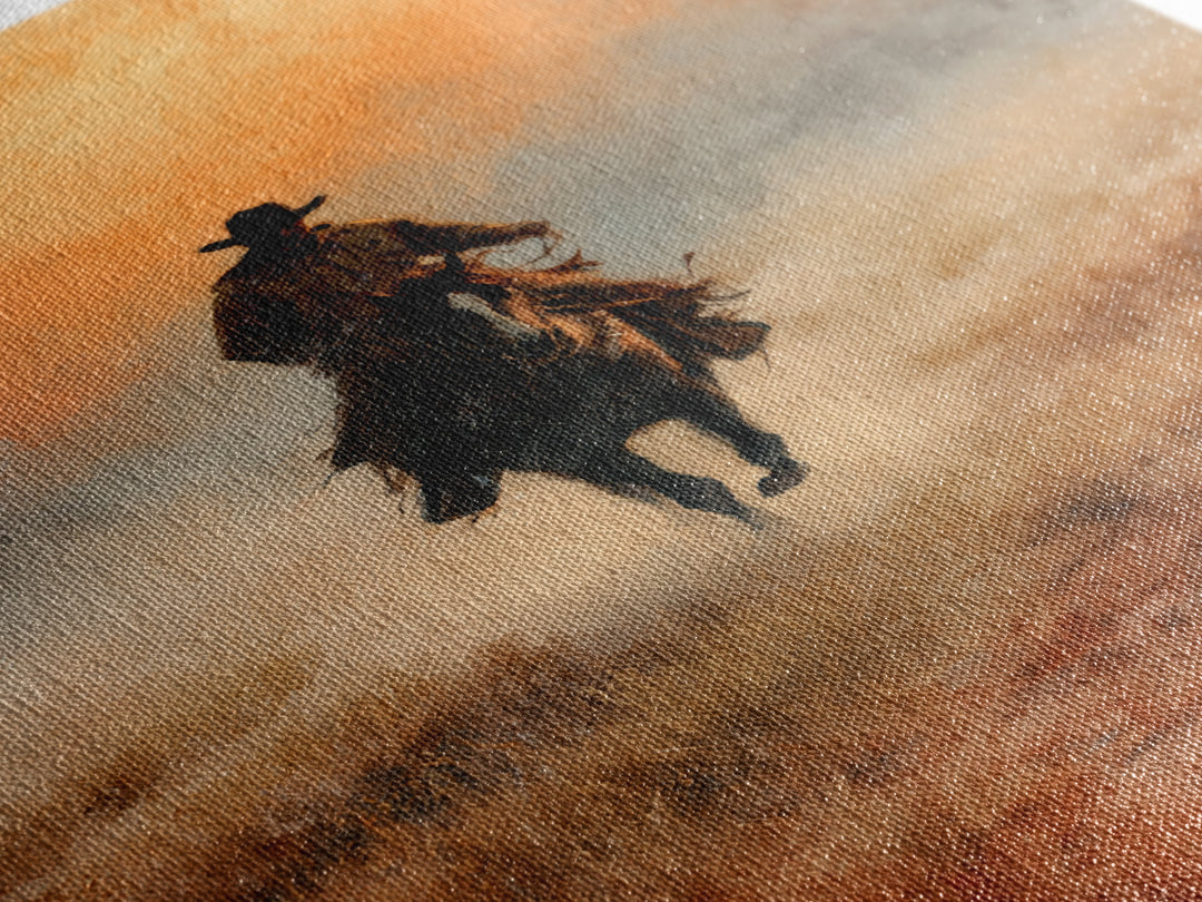 Cowboy Riding Across Dusty Sunset Plains Canvas Print, Western Art, Landscape Painting, Southwestern Decor, Frontier, WES-2x3-33