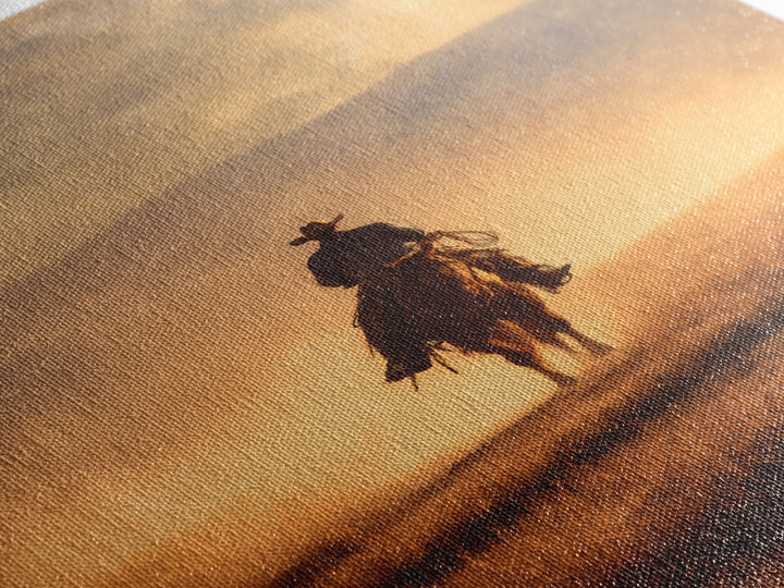 Cowboy Riding Across Dusty Sunset Plains Canvas Print, Western Art, Native American Art, Southwestern Decor, Oil Painting, WES-2x3-57