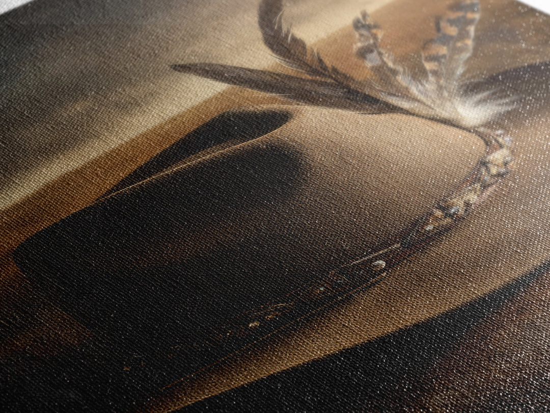 Cowboy Hat with Feathers and Beads Framed Canvas Print, Western Art, Minimalist Decor, Southwestern Decor, Fine Art, Frontier, WES-2x3-6