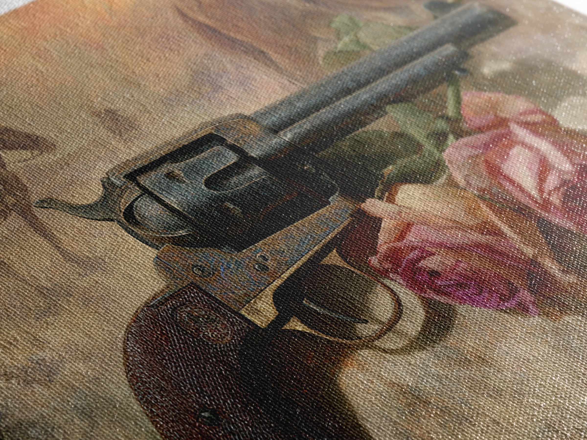 Old Revolver and Roses Framed Canvas Print, Western Art, Oil Painting, Southwestern Decor, Frontier, Digital Download Art, WES-3x2-47