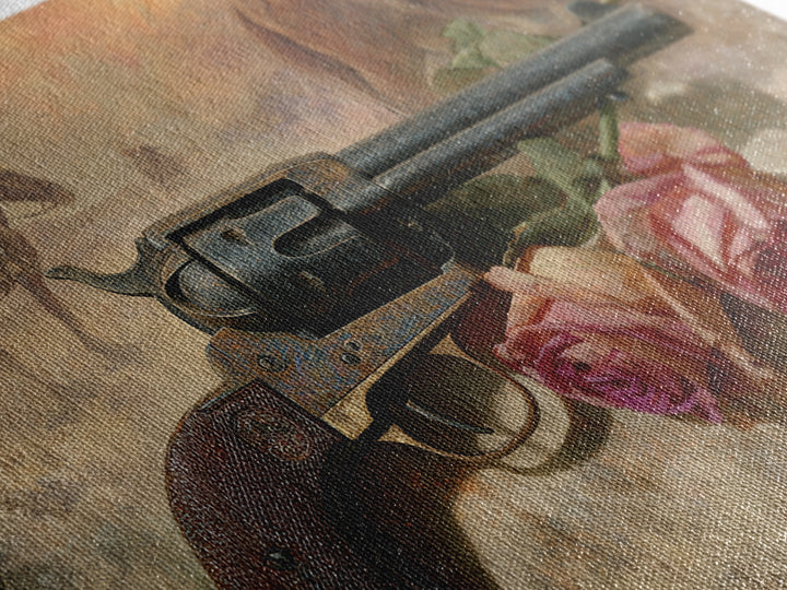 Old Revolver and Roses Framed Canvas Print, Western Art, Oil Painting, Southwestern Decor, Frontier, Digital Download Art, WES-3x2-47