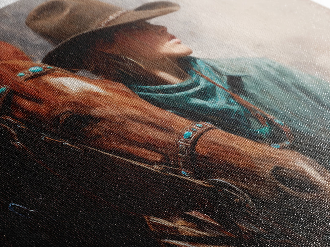 Cowgirl Portrait with Turquoise Jewelry Canvas Print, Western Art, Southwestern Decor, Fine Art, Frontier, Boho Decor, WES-3x2-58