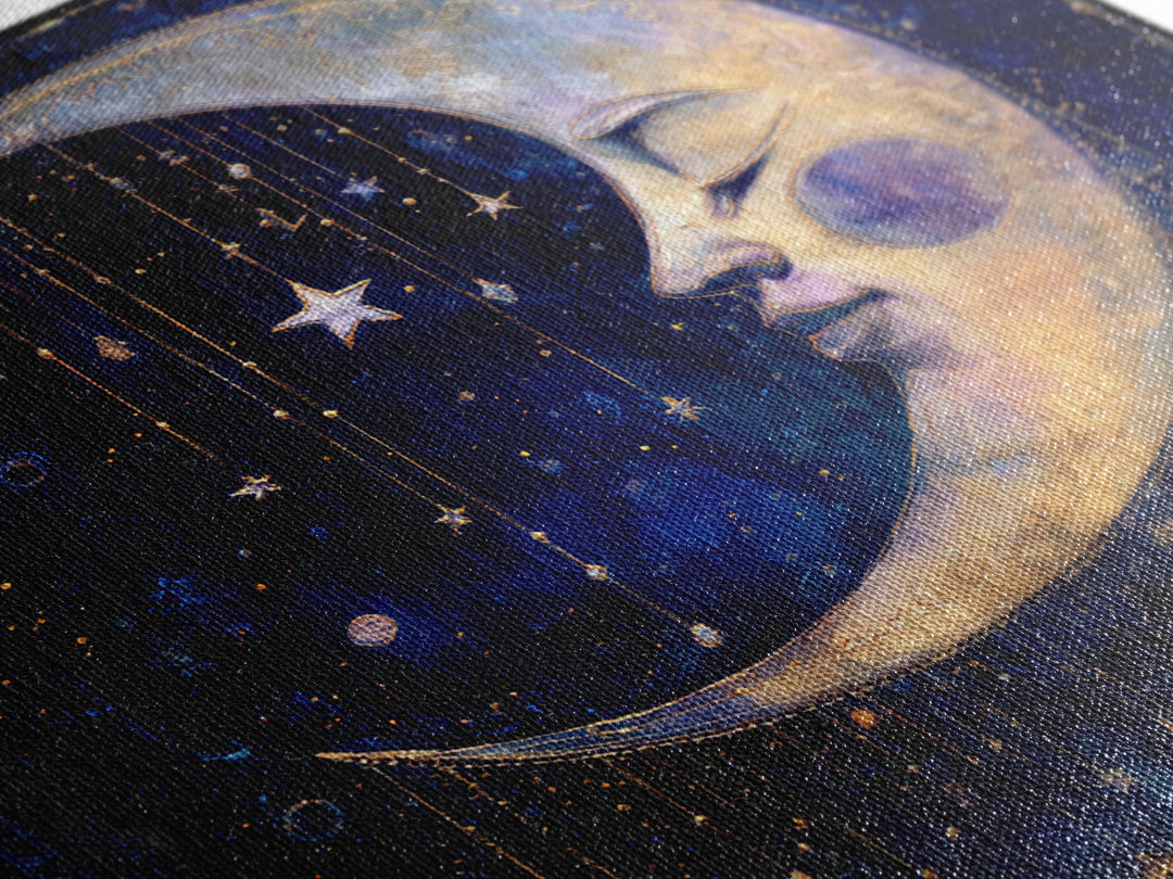 Moon with Sleeping Face and Dangling Stars Framed Canvas Print, Whimsical Art, Printable Art, Living Room Decor, Wonder, WHI-1x1-16