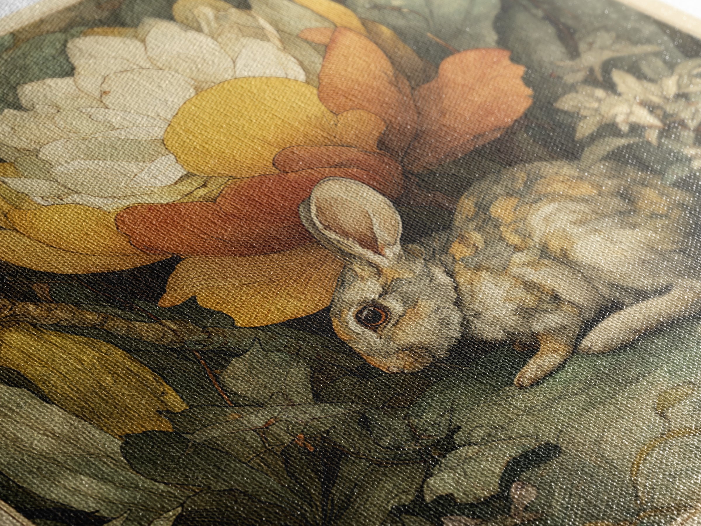 Rabbit Reading Beneath a Giant Flower Framed Canvas Print, Whimsical Art, Textured Painting, Living Room Decor, Wonder, WHI-1x1-29