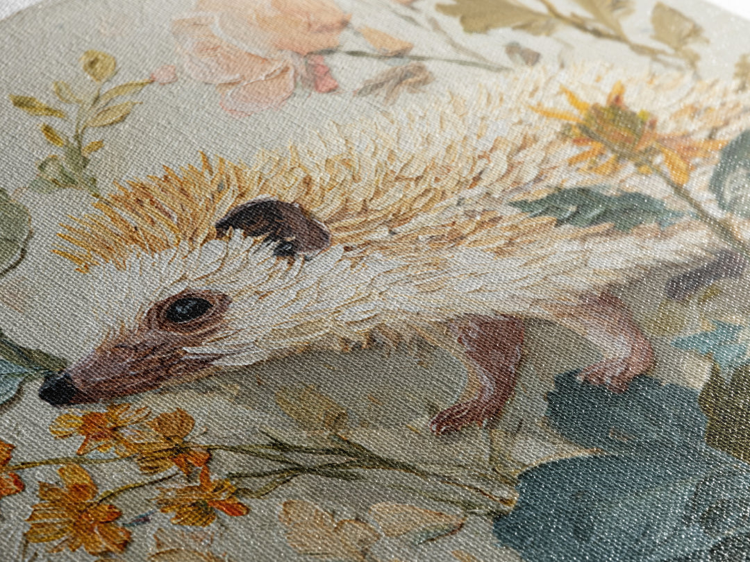 Hedgehog Carrying Wildflowers Framed Canvas Print, Whimsical Art, Dark Academia Decor, Living Room Decor, Fine Art, Wonder, WHI-1x1-39