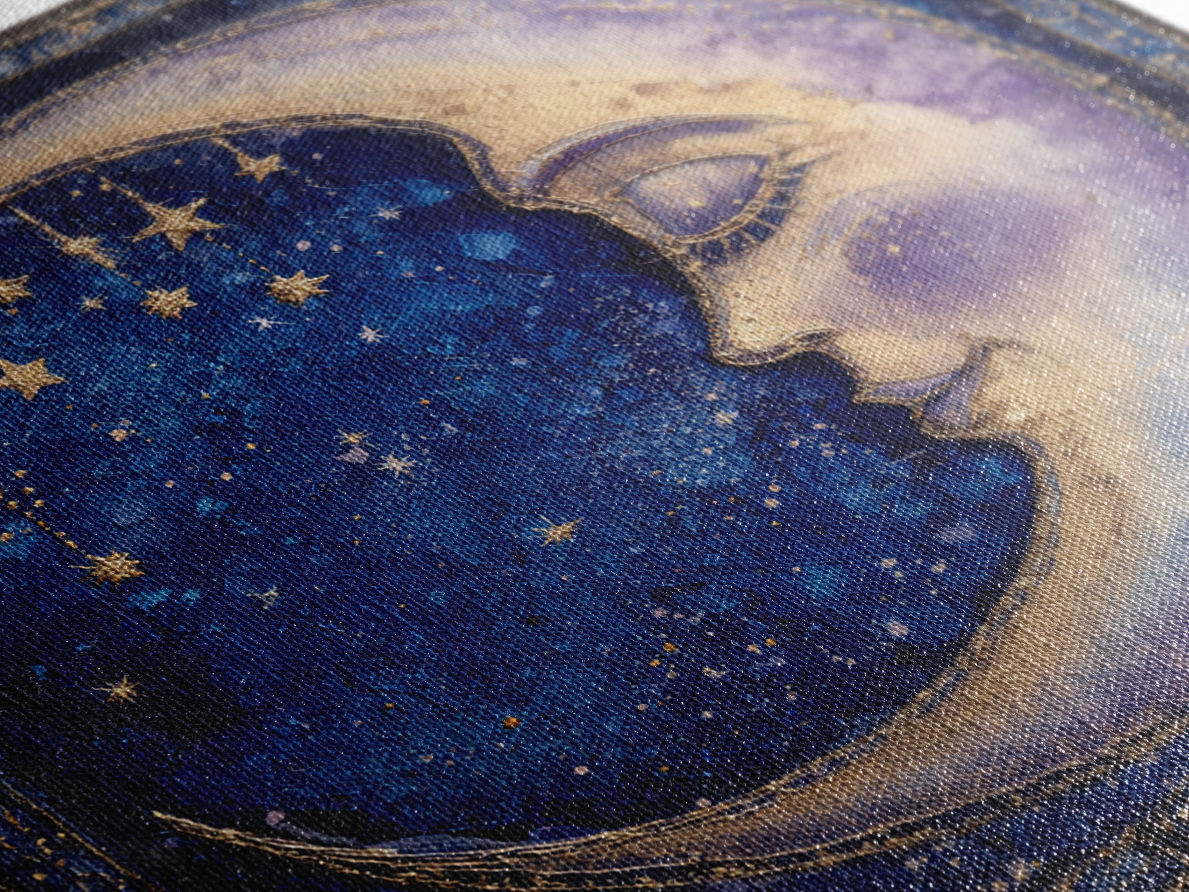Moon with Sleeping Face and Dangling Stars Framed Canvas Print, Whimsical Art, Room Decor, Living Room Decor, Oil Painting, WHI-1x1-40