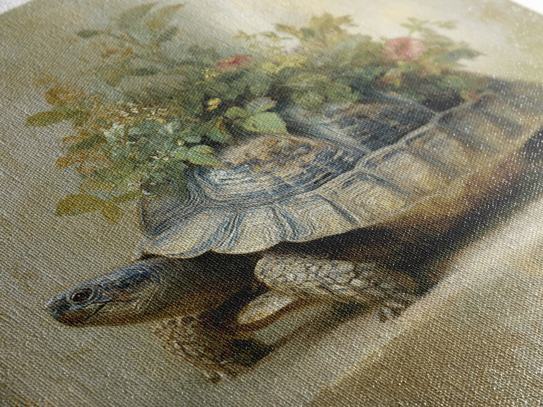 Turtle with Garden Growing on Shell Framed Canvas Print, Whimsical Art, Nursery Art, Living Room Decor, Oil Painting, Wonder, WHI-1x1-46