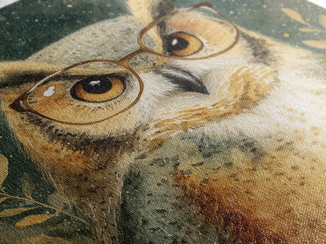 Owl Wearing Spectacles Among Stars Canvas Print, Whimsical Art, Nursery Prints, Living Room Decor, Oil Painting, Wonder, WHI-1x1-54